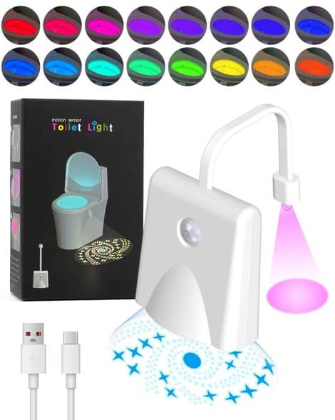 Upgrade your bathroom with the Neialla Toilet Light – a rechargeable, motion-activated LED night light with 12 colors.