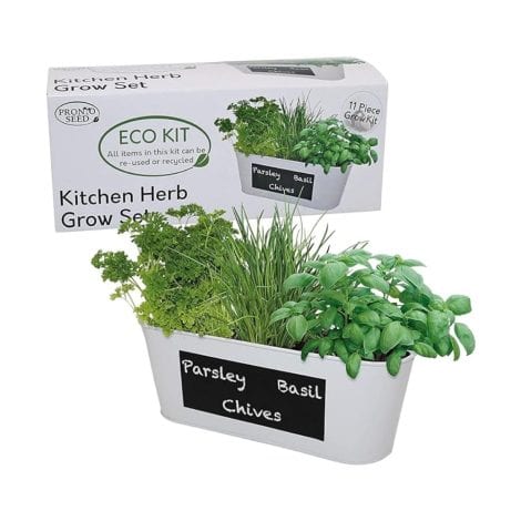 Grow-your-own herb kit with basil, parsley, and chive seeds, plus a metal chalkboard planter – perfect Christmas gift for UK gardeners.