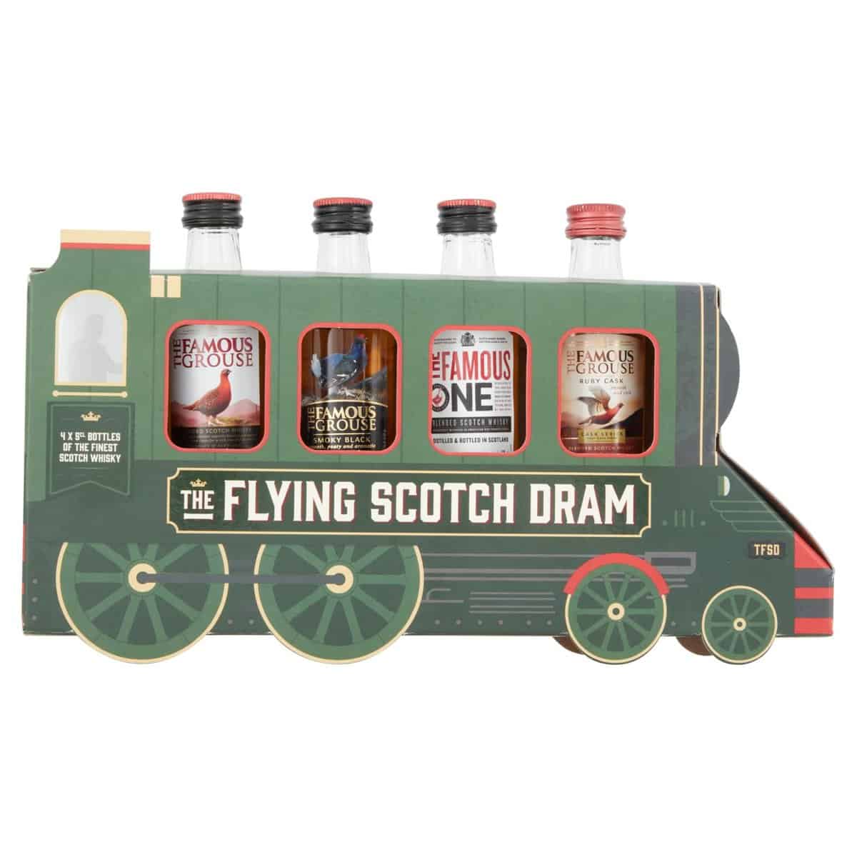 The Flying Scotch Dram Whisky Train Gift Box includes 4 Dram Whiskies - Novelty Gift Set by Blue Tree