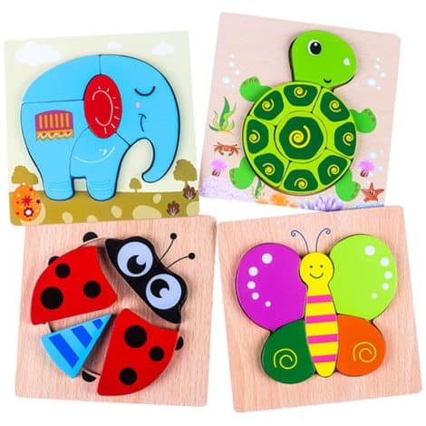 Wooden animal puzzles for babies and toddlers, a set of 4. Fun, educational toys for 1-3 year olds.