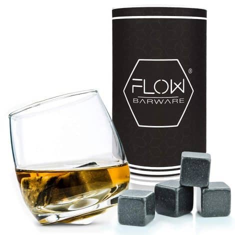 FLOW Barware Rocking Whiskey Glass Set, including glassware and non-melting whiskey stones, perfect for male gift-giving occasions.