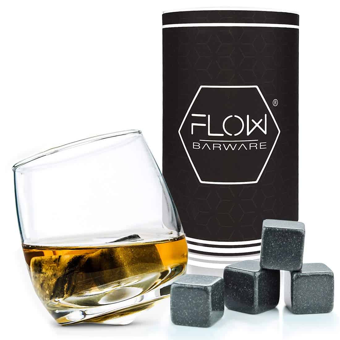 FLOW Barware Rocking Whiskey Glass | Whiskey Gift Set with Whiskey Glass & Non Diluting Whiskey Stones | Whisky Glass with Whisky Stones Gifts for Men Birthday, Father's Day, Christmas