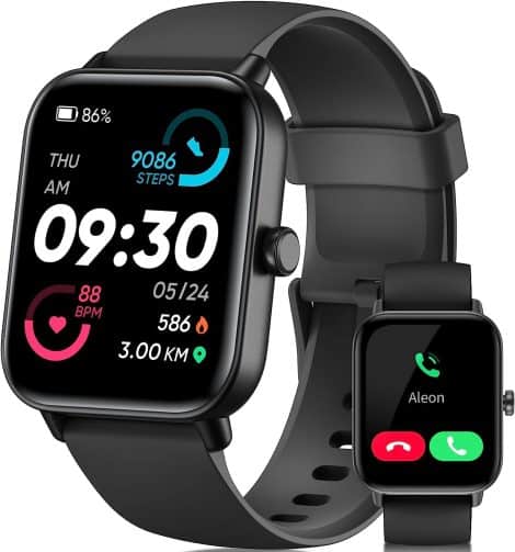 MILOUZ Smartwatch in Black with Call Function, Built-in Alexa, DIY Dial, Fitness Features, and IP68 Waterproofing. Suitable for Android and iOS.