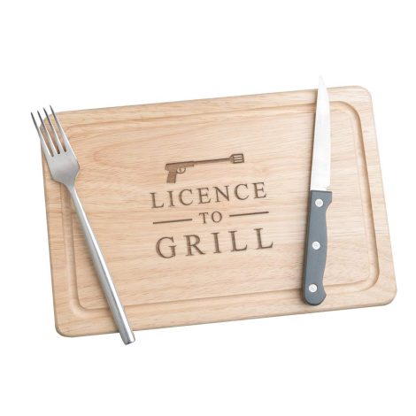 James Bond’s License to Grill Wooden Chopping Board – Meat Serving Board for humorous gifts and cooking enthusiasts.