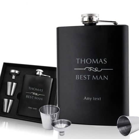 Custom engraved 6oz stainless steel hip flask for men, a unique personalized gift for weddings or special occasions.