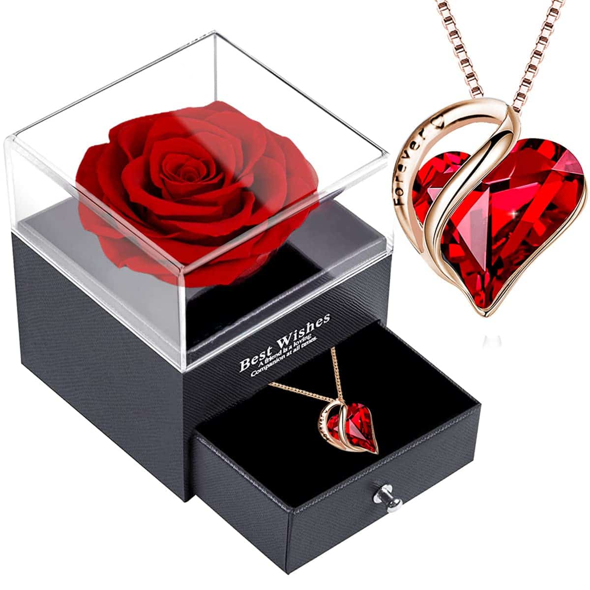 SWEETIME Preserved Real Rose Box with Austrian Crystal Necklace,Eternal Red Rose with 925 Sterling Silver Love Heart Gemstone Pendant,Ruby Birthstone Jewelry,Enchanted Flower Garnet Necklace Gift for Women