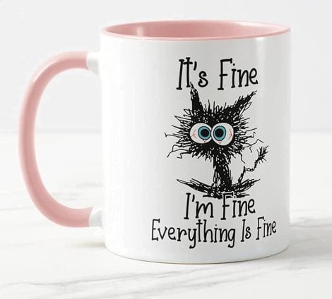 Pink Vixar Cat Joke Mug – A funny gift for birthdays, work, or Christmas, to keep you positive.