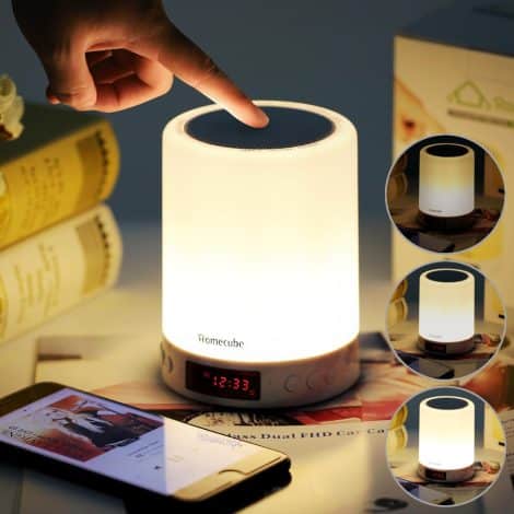 Homecube Touch Bedside Lamp, Bluetooth Speaker with Light Clock Alarm and Radio, Gift for all ages.