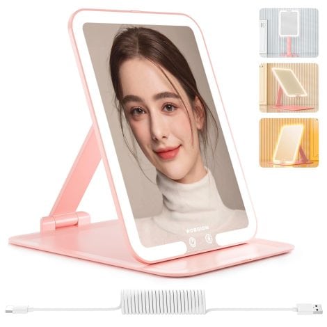 Pink Rechargeable Travel Makeup Mirror with Adjustable Stand, Lights, and 3 Color Modes – Ideal for Girls.