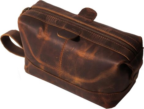 Waterproof buffalo leather toiletry bag for men and women, perfect for travel and as a gift.