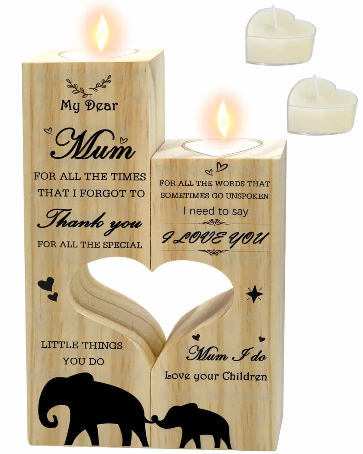 Kazaigou Double-Sided Printing Wooden Candle Holder, Heart Shaped Candlestick Gifts for Mum, Mum Birthday Gift, Unique Personalised Present Ideas for Christmas Mother’s Day with 4 Pcs Candles