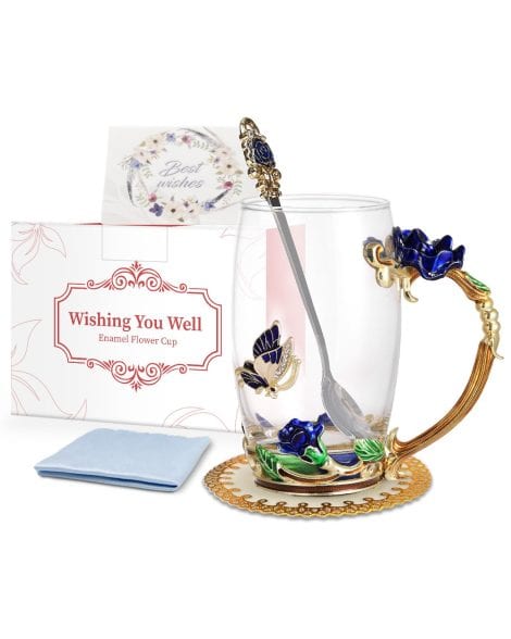 MOXTOYU Enamel Flower Tea Cup: Beautiful blue rose tea cup set, perfect gift for her, suitable for hot and cold drinks.