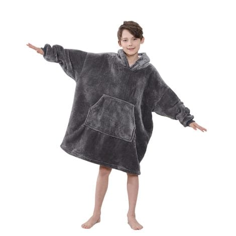 “Super-sized Grey Hooded Blanket for Stylish Kids: Stay cozy in this trendy oversized wearable blanket.”