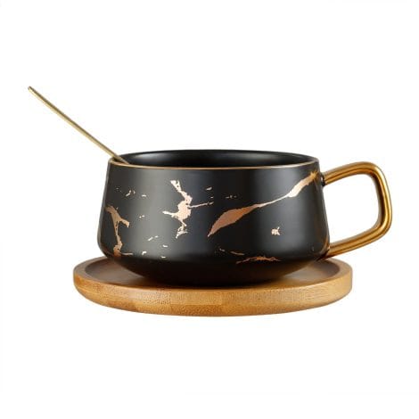 Qinhai Marble Ceramic Coffee Mug Sets with Spoon and Wood Saucers, a lovely gift for any occasion.