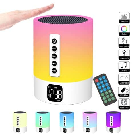 Bluetooth Speaker Alarm Clock with Night Light, White Noise Machine, and Dimmable Color Changing Bedside Lamp. Perfect for all!