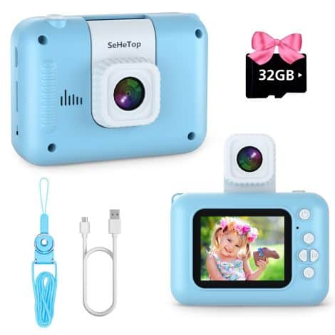 Children’s camera with improved high-definition quality, perfect for outdoor fun, suitable for ages 3-10, comes with 32GB SD card.