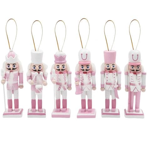 Traditional 12cm Pink Wooden Christmas Nutcracker Soldier Ornaments, perfect for decorating your tree this festive season.