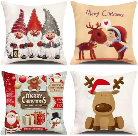 4 Festive Pillow Covers featuring Christmas Tree, Deer, Santa Claus and a Lovely Boy. Perfect for your holiday decor.