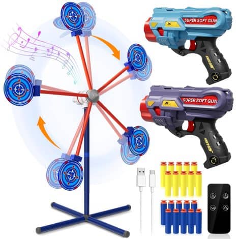 Rocket Game Set with Moving Target, 2 Toy Guns, and 20 Foam Darts. Perfect for active play and Halloween fun!