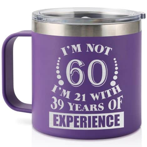 KAAYEE 60th Birthday Gift for Women, a stylish 14oz stainless steel travel mug to celebrate her 60th birthday. Perfect for mum, sister, best friend, coworker, or wife. Available in vibrant purple.