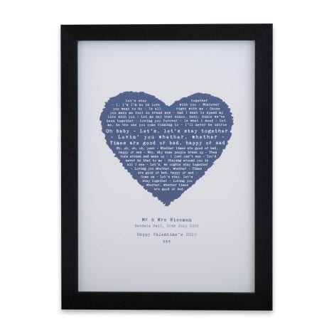 Create a unique Personalised Heart Poster by printing your favorite lyrics, vows or speech on various sizes. Optional framing available.