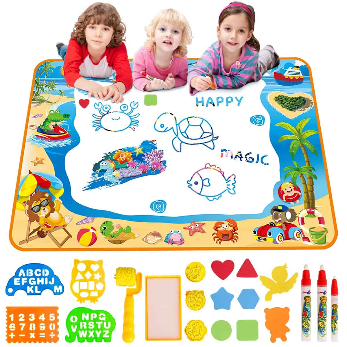 Water Doodle Mat Aqua Drawing Painting Large 100 x 70cm Mess Free Learning Toys for 3 4 5 6 Year Old Boys Girls Toddlers Birthday Christmas Gift with Magic Pens, Stamp Set Toy