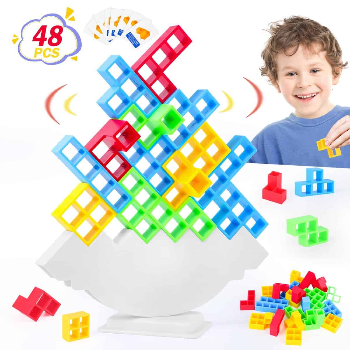 48 Pcs Tetra Tower Balance Game Toys for 3 4 5 6 7 8 9 10 11 12 Year Old Boys Girls, SUNtoys Tetris Game for Kids & Adults Gifts for 3-12 Year Old Boys Girls Building Blocks Birthday Gifts 3-12