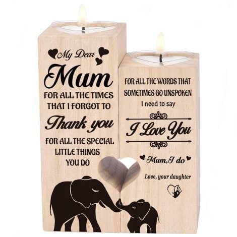 Heart-shaped wooden candle holder with double-sided print, perfect for mum’s birthdays and anniversaries. Ideal gift from daughter.