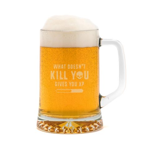 “This humorous engraved beer glass tankard is the perfect gaming gift that adds XP to your life.”