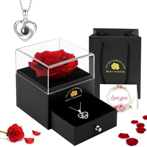 EGEKTBH Eternal Rose Gift Box- Perfect Mothers Day present with Love You Necklace, Artificial Romantic Flowers. Ideal Birthday/Anniversary gift for Her.