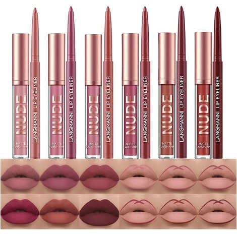 A set of 12 liquid lipsticks and lip liners in matte finish, long lasting and waterproof. Perfect as a gift.