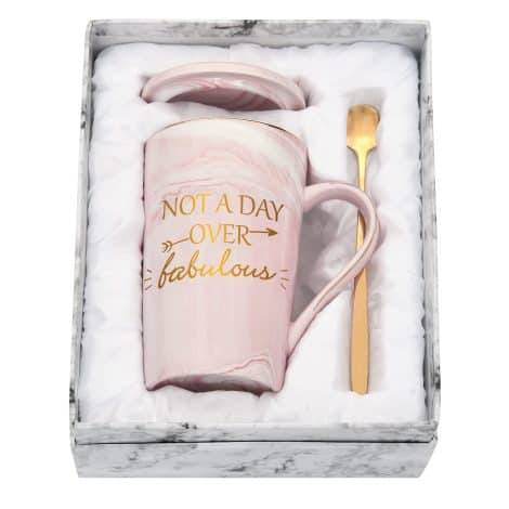 Livole Christmas Gifts for Women – Marble Pink Coffee Mug with Lid and Gift Box. Perfect for birthdays and Secret Santa.