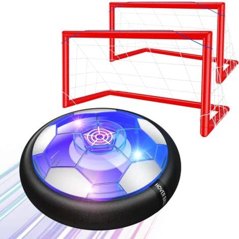 Hover Football set for kids with 2 goals, rechargeable LED soccer ball, foam bumper. Perfect for indoor/outdoor games!