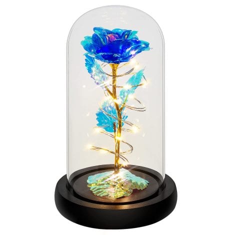 Blue LED Light String Flower Rose in Glass Dome – Eternal, Unique Gifts for Her during Special Occasions