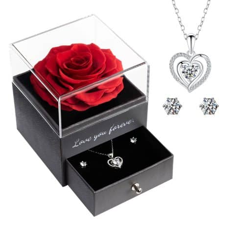 Miofula everlasting red rose with necklace and earrings, handmade gift for women on special occasions.