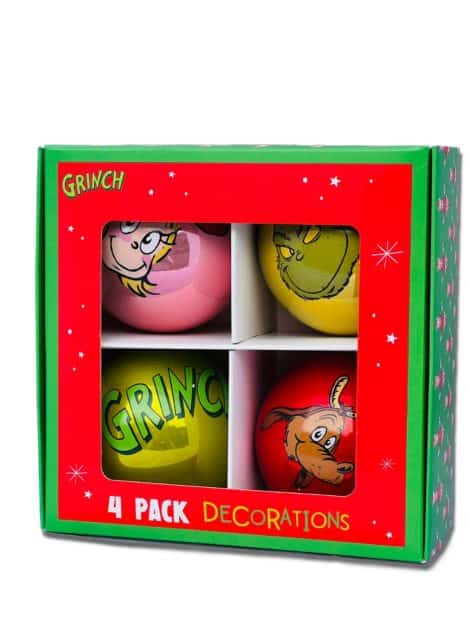 New festive Grinch baubles for hanging on your Christmas tree; perfect for British homes. (Pack of 4)