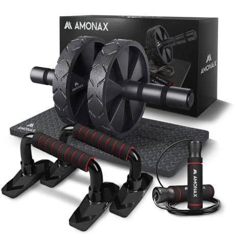 Amonax Home Gym Kit: Ab Roller Wheel, Skipping Rope, Push-up Handles. Get fit with effective workout tools.