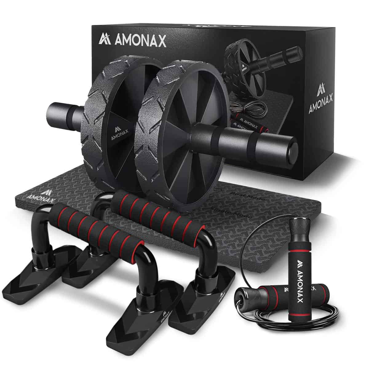 Amonax Gym Equipment for Home Workout (Ab Roller Wheel Set, Skipping Rope, Push-up Handles). Fitness Exercise, Strength Training Equipment for Abs, Weight Loss, Sport Accessories for Men Women