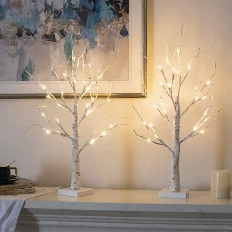 Two Vanthylit White Christmas Trees with Lights, 2FT Tabletop Birch Trees with 24 Warm White LEDs. Perfect for home decorations during festive occasions.