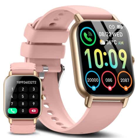 Ddidbi Smart Watch, a pink fitness watch with a 1.85-inch HD touch screen, tracks activities, heart rate, and sleep.