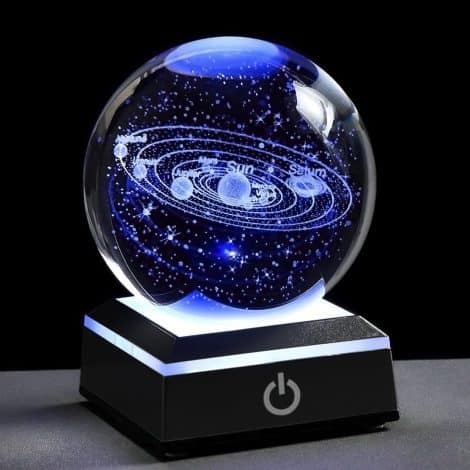 “Enchanting 3D Solar System Crystal Ball with LED Stand | 80mm Engraved Universe, Perfect Night Light Gift.”