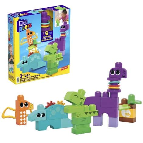 Fisher-Price Mega Bloks Sensory Building Toy, Squeak n Chomp Dinos – T-Rex. Ideal gift for 1+ year olds.