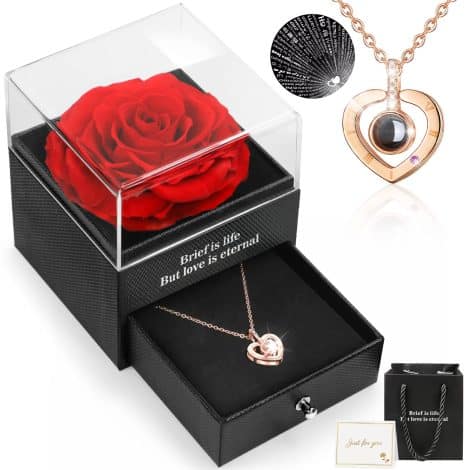 Mother’s Day Eternal Rose Gift Set: Sentimental preserved rose and “I Love You” necklace for the women you cherish. Perfect for special occasions.