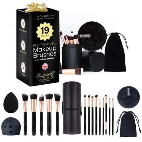 Glamtastik® Makeup Brushes: 19 PC Set with Vegan Brushes, Beauty Blender, Remover Pad, Cleaner, and Case. UK Brand.