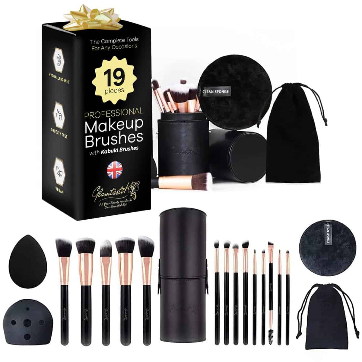 Glamtastik® Professional Makeup Brushes | 19 PC Makeup Brush Set | Vegan Cosmetic Kit with Kabuki Make up Brushes Beauty Blender Makeup Remover Pad Makeup Brush Cleaner Brush Case Gift Set UK Brand