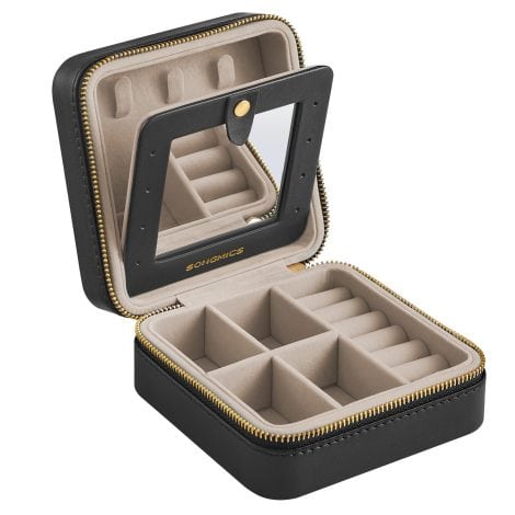 Compact and stylish SONGMICS jewellery box, perfect for travel, with mirror and ample storage. Great gift idea!