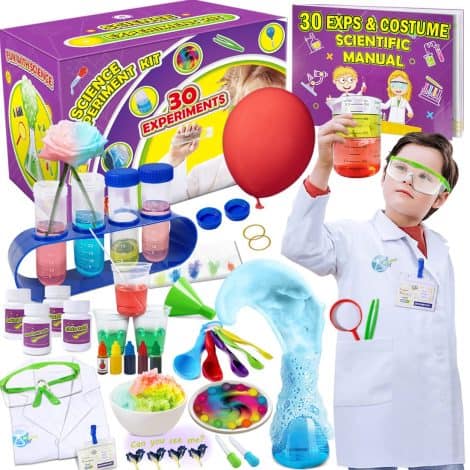 30 Fun Science Experiments Kit with Lab Coat for Kids, perfect for young scientists aged 3-11.