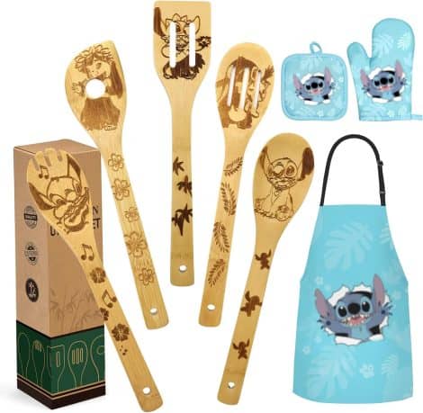 Fantastic Christmas present for women – Bamboo kitchen utensils set with wooden spoons, including apron and oven mitt. Perfect for Mother’s Day or wedding gift.