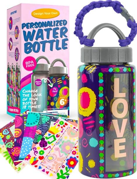 Purple Ladybug offers a fun water bottle decorating kit with 6 shrink wrap designs, perfect for girls aged 6 to 10+.