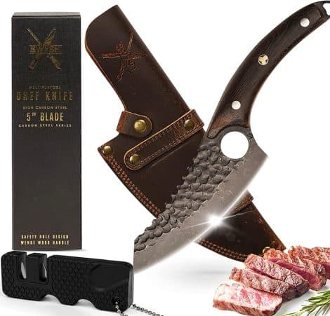 SWYSH Japanese Kitchen Knife – The ideal cooking gift for British chefs, complete with mini sharpener. Perfect for meat, fish, and vegetables. Comes with a leather sheath and premium box.